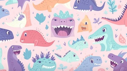 hand painted doodle background, cute  Megalosaurus theme pastel color
