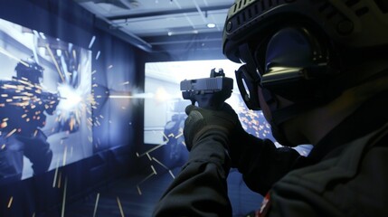 Police officers using a firearms training simulator to improve their marksmanship and decisionmaking in highstress situations.