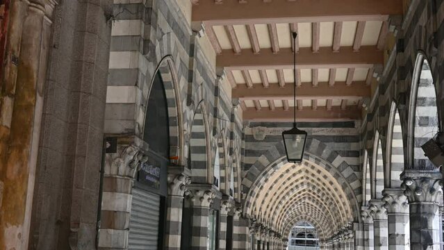 Genoa, Liguria, Italy 18 May 2024. Beautiful footage in Via XX Settembre: it is one of the main streets of the historic center, characterized by porticoes with magnificent vaults.