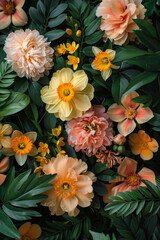 Vibrant Floral Arrangement with Greenery and Colorful Blossoms