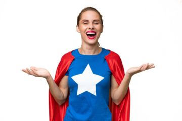 Super Hero caucasian woman over isolated background with shocked facial expression