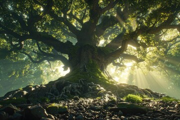 Majestic ancient tree with sprawling branches and sun rays filtering through its lush green leaves, creating a serene forest ambiance.
