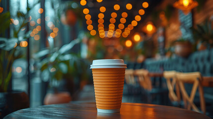 Orange mockup of paper cup with lid on a restaurant 