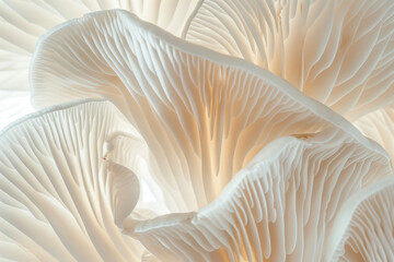 Close Up of White Mushrooms with Delicate Gills in Abstract Natural Pattern