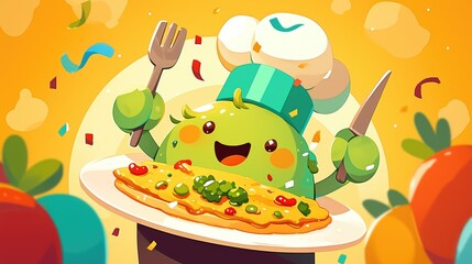 A fun and lively cartoon mascot design featuring a chef wearing a green party hat holding a tray This illustration is in 2d format