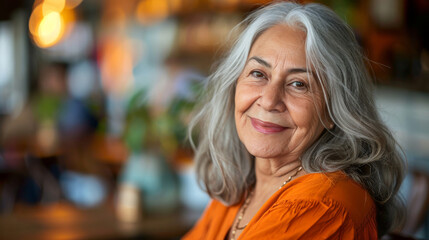 Fototapeta premium Elegant elderly woman with grey hair smiling warmly in a charming café portrait