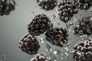 Fresh Blackberries with Water Splash in Mid Air Isolated on Gray Background