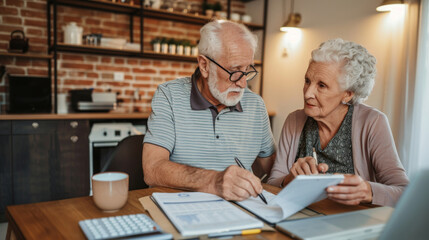Elderly couple reviewing documents in a warm kitchen environment