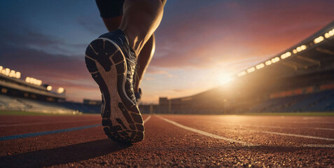 Focus on running shoe of athletic runner training in stadium at sunset, preparing for sports competition, olympic games