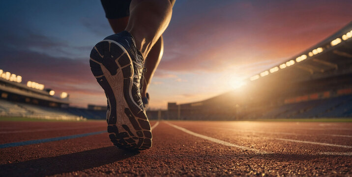 Focus on running shoe of athletic runner training in stadium at sunset, preparing for sports competition, olympic games
