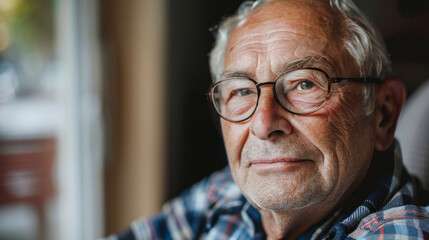 Serene close-up of a contemplative elderly man wearing glasses