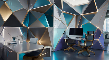 Imagine a futuristic office, with holographic screens and floating desks. The walls are covered in geometric patterns, and the furniture is made of sleek, metallic materials.