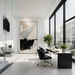 A sleek and minimalist office space, with floor-to-ceiling windows that flood the room with natural light. The walls are adorned with abstract art pieces, adding a touch of creativity