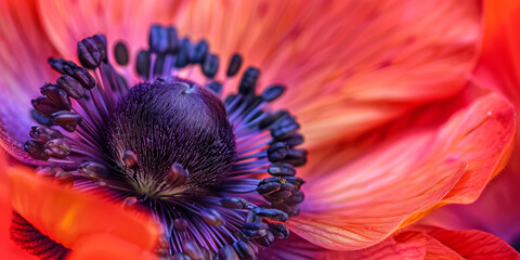 Vibrant Red and Purple Anemone Flower Macro Close Up with Detailed Petals and Stamen
