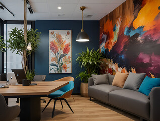 A cozy and inviting office, with warm wood accents and plush furniture. The walls are decorated with large, colorful murals that inspire creativity and innovation. 