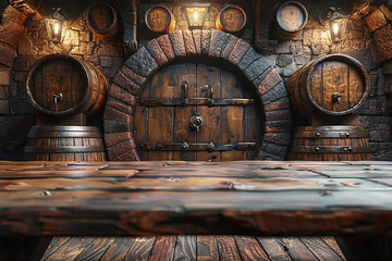 Brown old retro barrels with free space for your decoration. Dark interior and shadows. Copy space and top of empty table.