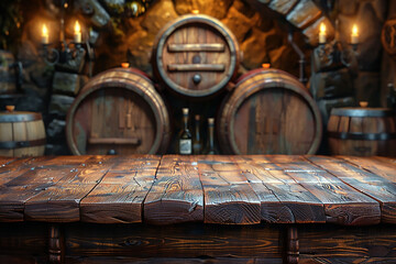 Brown old retro barrels with free space for your decoration. Dark interior and shadows. Copy space and top of empty table.