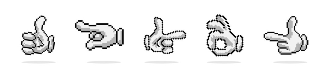 Fototapeta premium Hand gesture pixel cartoon style set. Palm gestures pixelated collection.