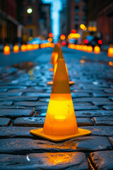 Illuminated Traffic Cones on Cobblestone Street at Dusk in Urban Setting