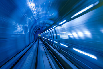 Futuristic Blue Tunnel with Motion Blur and Speed Light Effects