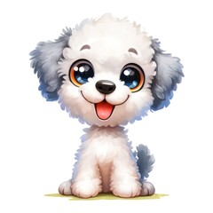 Obraz premium A cheerful full-body watercolor cartoon Bedlington Terrier dog sitting with big, expressive, bright, and sparkling eyes. The Bedlington Terrier has a happy
