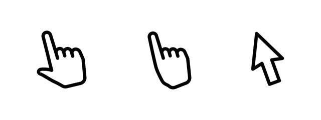 Cursor icon set. Finger pointer pictogram. Arrow symbol. Hand icon. Web or app interface outline vector illustration isolated.