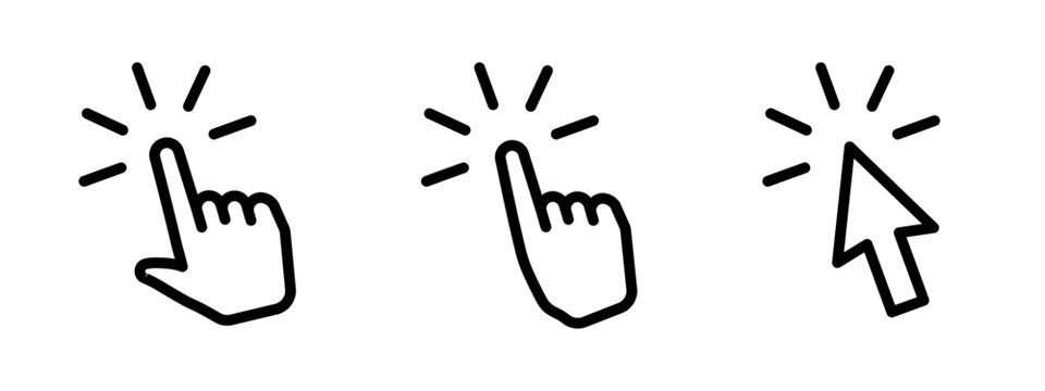 Cursor icon set. Finger pointer pictogram. Arrow click symbol. Hand touch or press icon. Web or app interface outline vector illustration isolated.