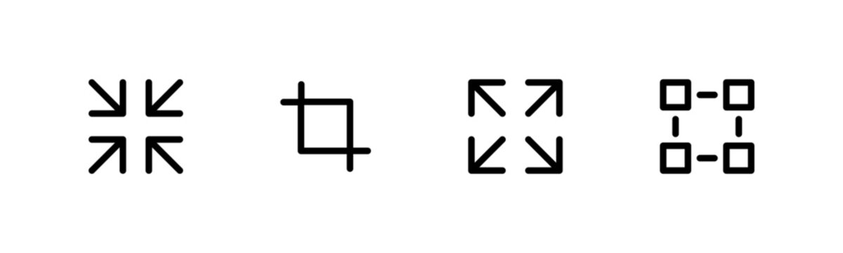 Expand size icon. Enlarge vector symbol. Trim view vector illustration. Crop image icon set. Scale pictogram. Full screen sign isolated.