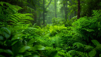 Fototapeta premium Deep in the forest, green vegetation creates living nature. A variety of plants, from tall trees to low shrubs and vines, create a complex ecosystem full of colors and shapes.