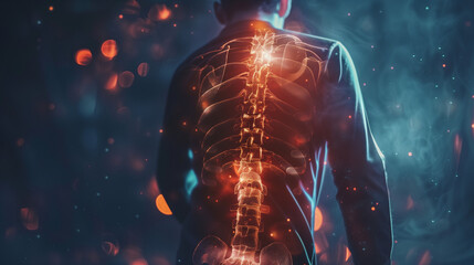 The man stands with a clear grimace of pain on his face, holding his lower back. A backlit image of the spine is projected onto his body, revealing the complex structure of vertebrae and discs.