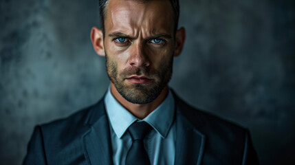 Fototapeta premium A man with a stern look, dressed in an elegant, tailored suit and classic tie, exudes confidence and professionalism.