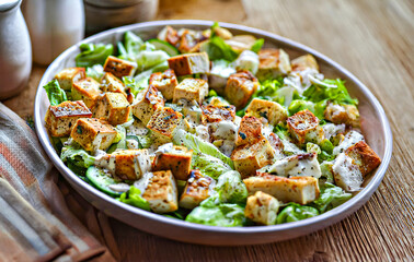 Vegan Caesar Salad with Crispy Tofu Croutons