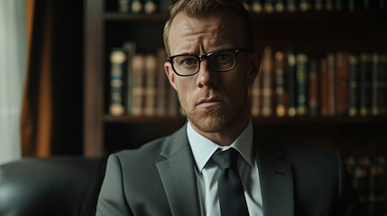 Fototapeta premium A man with a stern look, dressed in an elegant, tailored suit and classic tie, exudes confidence and professionalism.