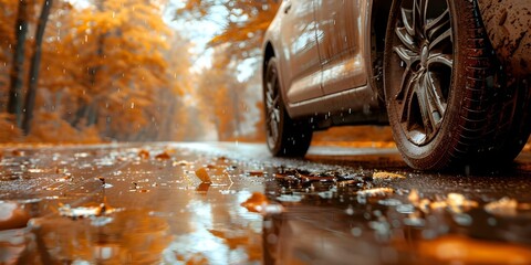 Closeup of car tires with rain tread on wet road in autumn. Concept Car Tires, Wet Road, Autumn, Closeup Photography
