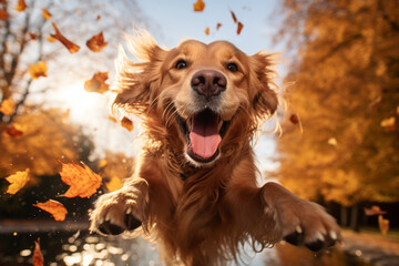 Golden Retriever Joyfully Leaping During Autumn Leaf Fall