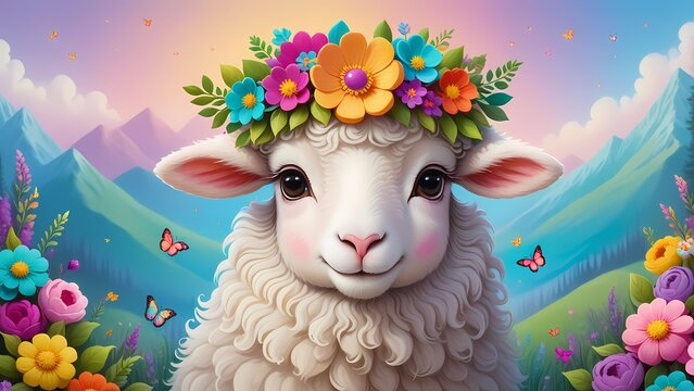 Goat with flowers on head cartoon illustration, Eid mubarak, Bakra Eid