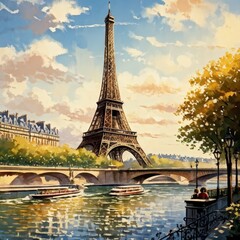 Fototapeta premium eiffel tower sketched, generative ai