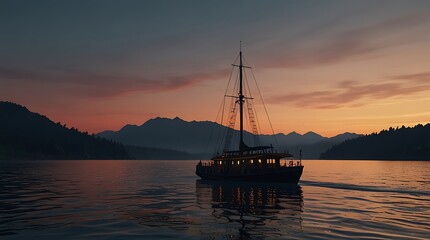 a boat on a lake at sunset. The boat has two people in it