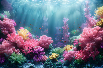 Background underwater coral reef with vibrant colors like coral pink, turquoise, and seafoam green, with intricate coral formations and tropical fish creating a colorful and lively underwater world.