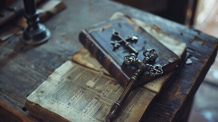Antique keys on old books. Vintage ornate keys lie on antique books, hinting at secrets and history. Perfect for historical, mystery, or fantasy themes.