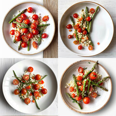 asparagus and tomatoes on a white plate