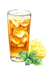 Glass of ice tea with lemon and mint leaf. Watercolor hand drawn illustration isolated on white background