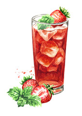 Glass of ice tea with strawberry and mint leaf. Watercolor hand drawn illustration isolated on white background