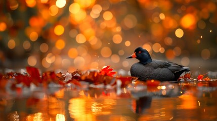  A black duck atop a reddish-brown body of water, surrounded by a forest ablaze with red and yellow leaves, and a tree aglow with orange lights behind