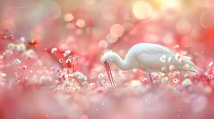  A white bird with a long beak stands amidst a field of pink and white flowers Background softly blurred with pink and white blooms - Powered by Adobe
