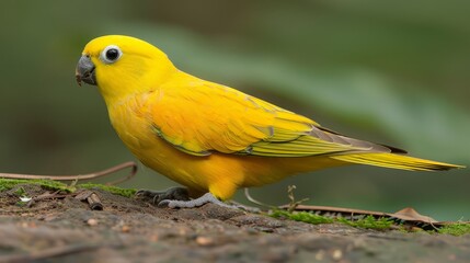  A tight shot of a yellow bird perched on dirt, surrounded by grass and leaves in the foreground The background fades into a blur of trees and bushes