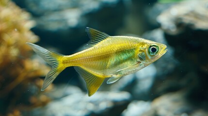  A tight shot of a tiny yellow fish amidst a fish tank, filled with rocks at the back and water in the foreground Beyond, a blue sky stretches out as background