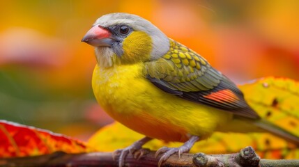  A tight shot of a bird perched on a branch against a backdrop of leafy greens The bird is depicted in soft focus, featuring orange, yellow, and gray hues,