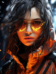 portrait of a woman in sunglasses with fire light