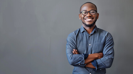 Obraz premium Photo of Smiling young man with glasses standing isolated on grey background